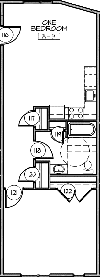 Floor plan for 1 bed, 1 bath, 642 sqft